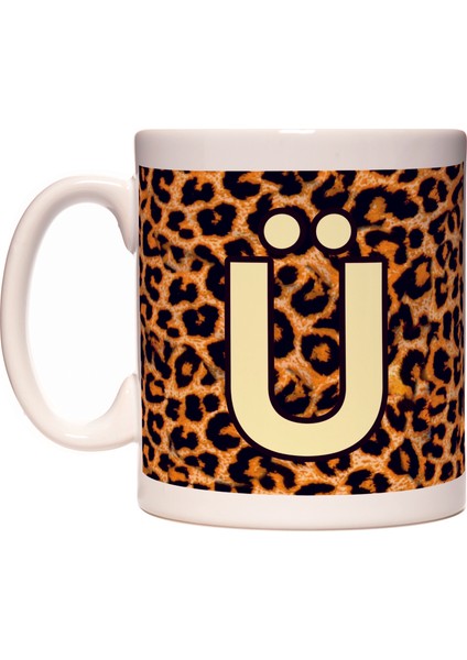 Ü Harfi Leopar Desen Baş Harf Tasarımlı Kahve Kupa Bardak