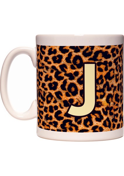 J Harfi Leopar Desen Baş Harf Tasarımlı Kahve Kupa Bardak