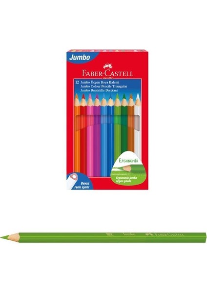 Jumbo Üçgen Boya Kalemi, 12 Renk, Ergonomik Gövde, Beyaz Renk İçerir, Kalın Uçlu