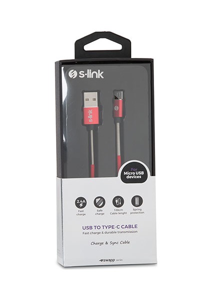 Swapp Micro USB Hızlı Şarj Metal Yaylı Kırılmaz Kablo 1 mt 2.4A Kırmızı