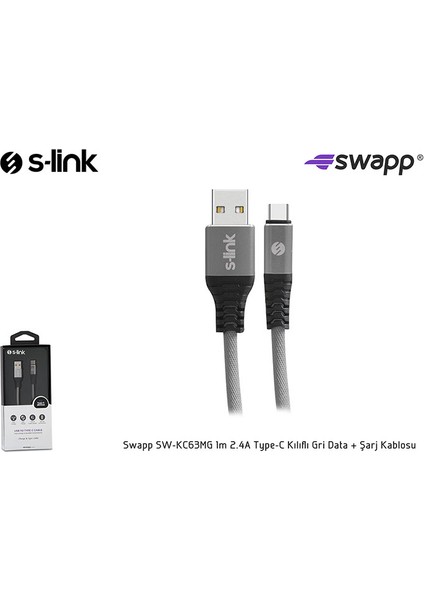 S-link Swapp SW-KC63MG 1m 2.4A Type-C Kılıflı Gri Data + Şarj Kablosu