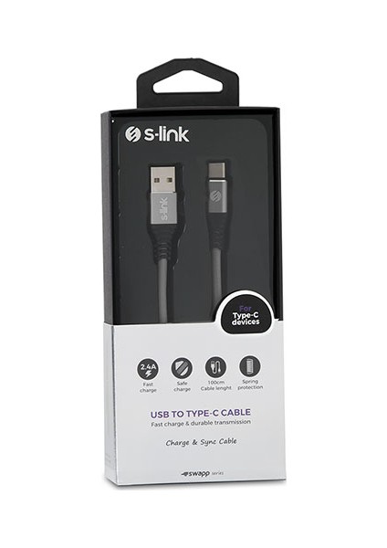 S-link Swapp SW-KC63MG 1m 2.4A Type-C Kılıflı Gri Data + Şarj Kablosu