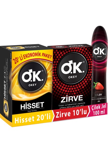 Prezervatif Hisset 20'li + Zirve 10'lu + Çilek Kayganlaştırıcı Jel 100 ml