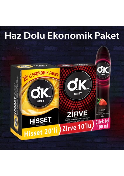 Prezervatif Hisset 20'li + Zirve 10'lu + Çilek Kayganlaştırıcı Jel 100 ml