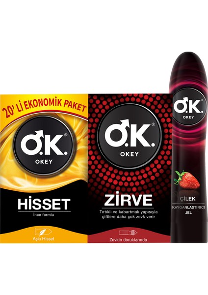 Prezervatif Hisset 20'li + Zirve 10'lu + Çilek Kayganlaştırıcı Jel 100 ml