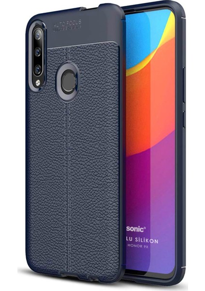 Huawei Honor 9x Kılıf Deri Dokulu Silikon Lacivert