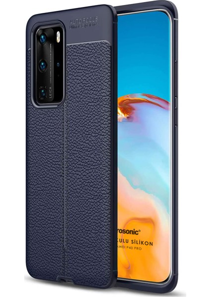 Huawei P40 Pro Kılıf Deri Dokulu Silikon Lacivert