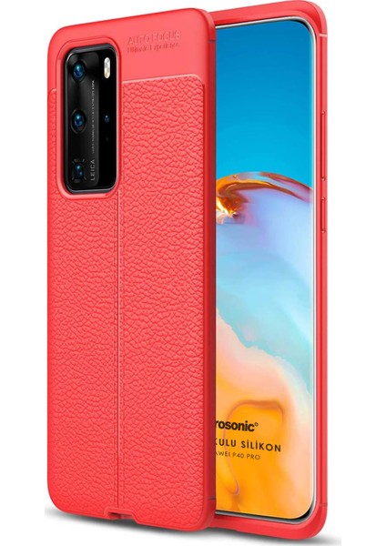 Huawei P40 Pro Kılıf Deri Dokulu Silikon Kırmızı