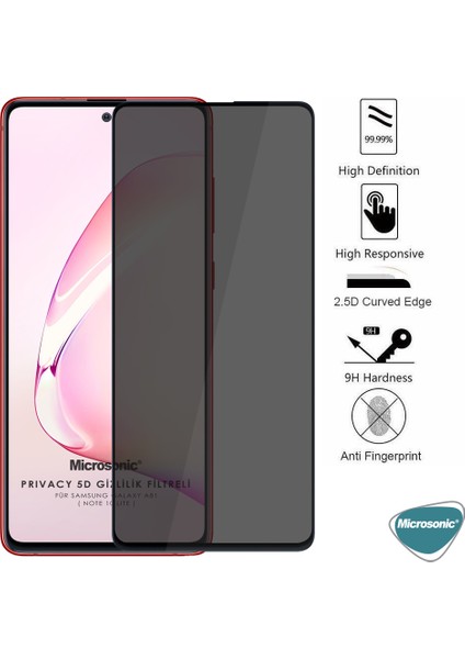 Samsung Galaxy Note 10 Lite Privacy 5D Gizlilik Filtreli Cam Ekran Koruyucu Siyah modelleri
