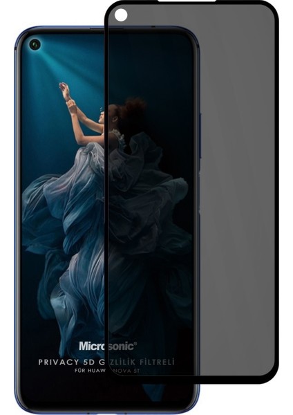 Huawei Nova 5t Privacy 5D Gizlilik Filtreli Cam Ekran Koruyucu Siyah