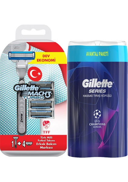 Mach 3 Turbo Tıraş Makinesi + 4 Yedek Bıçak + 2'li Tıraş Köpüğü
