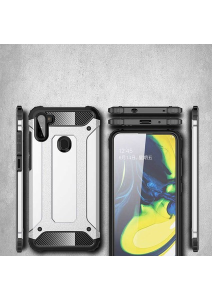 Case 4U Samsung Galaxy A11 Kılıf Military Armor Çift Katmanlı Crash Silikon Kılıf + Cam Ekran Koruyucu Siyah