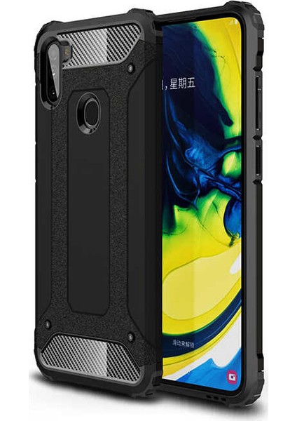 Case 4U Samsung Galaxy A11 Kılıf Military Armor Çift Katmanlı Crash Silikon Kılıf + Cam Ekran Koruyucu Siyah