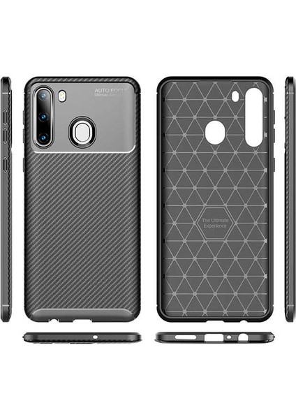 Samsung Galaxy A21 Kılıf Rugged Armor Karbon Desenli Lüx Negro Silikon Arka Kapak + Cam Ekran Koruyucu Siyah