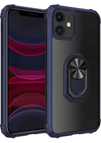 Tekno Grup Apple iPhone 11 (6.1'') Kılıf Ultra Korumalı Yüzüklü Standlı Mola Kapak + Tam Kaplayan 6D Nano Ekran Koruyucu Lacivert