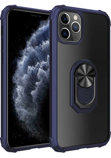 Apple iPhone 11 Pro (5.8'') Kılıf Ultra Korumalı Yüzüklü Standlı Mola Kapak + Tam Kaplayan 5D Cam Ekran Koruyucu Lacivert
