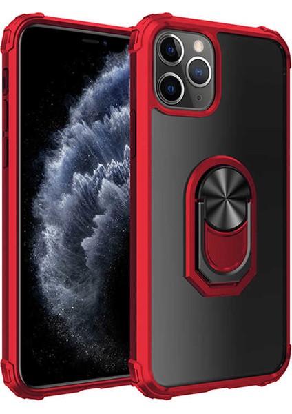 Apple iPhone 11 Pro Max (6.5'') Kılıf Ultra Korumalı Yüzüklü Standlı Mola Kapak + Tam Kaplayan 5D Cam Ekran Koruyucu Kırmızı