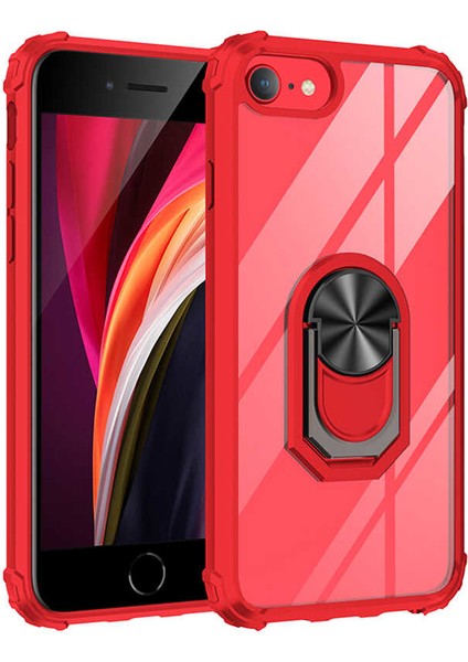 Apple iPhone 7/8 Kılıf Ultra Korumalı Yüzüklü Standlı Mola Kapak + Tam Kaplayan 6D Beyaz Nano Ekran Koruyucu Kırmızı