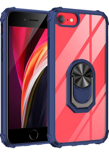 Apple iPhone 7/8 Kılıf Ultra Korumalı Yüzüklü Standlı Mola Kapak + Tam Kaplayan 6D Beyaz Nano Ekran Koruyucu Lacivert