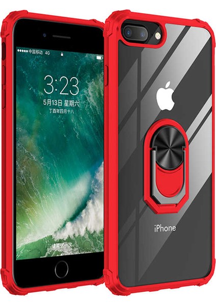Apple iPhone 7-8 Plus Kılıf Ultra Korumalı Yüzüklü Standlı Mola Kapak + Tam Kaplayan 5D Beyaz Cam Ekran Koruyucu Kırmızı
