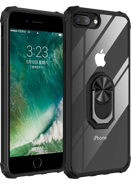 Apple iPhone 7-8 Plus Kılıf Ultra Korumalı Yüzüklü Standlı Mola Kapak + Tam Kaplayan 6D Beyaz Nano Ekran Koruyucu Siyah