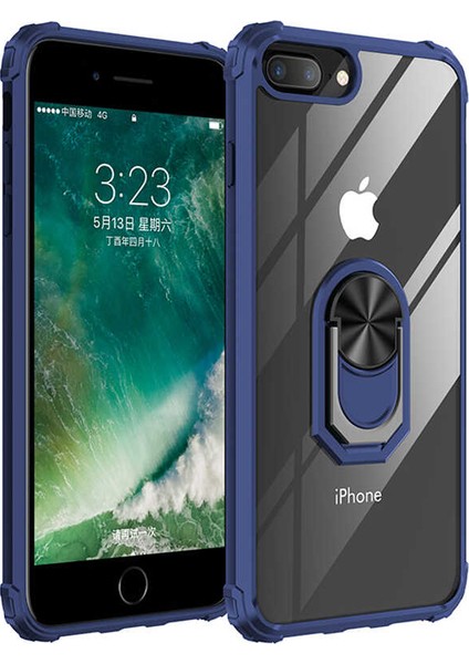 Apple iPhone 7-8 Plus Kılıf Ultra Korumalı Yüzüklü Standlı Mola Kapak + Tam Kaplayan 6D Beyaz Nano Ekran Koruyucu Lacivert