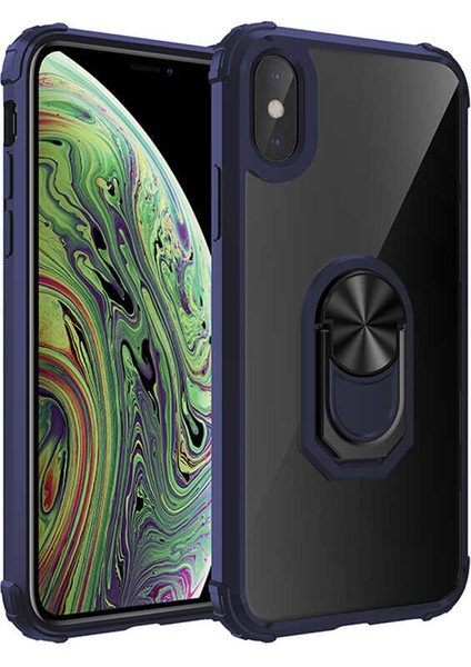 Apple iPhone X/XS Kılıf Ultra Korumalı Yüzüklü Standlı Mola Kapak Lacivert