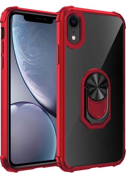 Apple iPhone XR Kılıf Ultra Korumalı Yüzüklü Standlı Mola Kapak + Cam Ekran Koruyucu Kırmızı