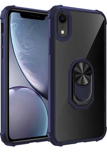 Apple iPhone XR Kılıf Ultra Korumalı Yüzüklü Standlı Mola Kapak + Cam Ekran Koruyucu Lacivert