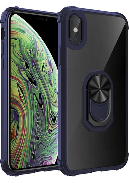 Apple iPhone XS Max Kılıf Ultra Korumalı Yüzüklü Standlı Mola Kapak + Nano Ekran Koruyucu Lacivert