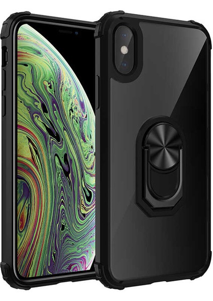 Apple iPhone XS Max Kılıf Ultra Korumalı Yüzüklü Standlı Mola Kapak + Tam Kaplayan 5D Cam Ekran Koruyucu Siyah