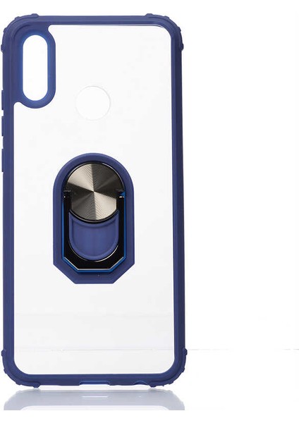 Huawei P Smart 2019 Kılıf Ultra Korumalı Yüzüklü Standlı Mola Kapak + Tam Kaplayan 5D Cam Ekran Koruyucu Lacivert