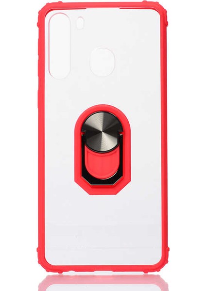 Samsung Galaxy A21 Kılıf Ultra Korumalı Yüzüklü Standlı Mola Kapak + Tam Kaplayan 5D Cam Ekran Koruyucu Kırmızı
