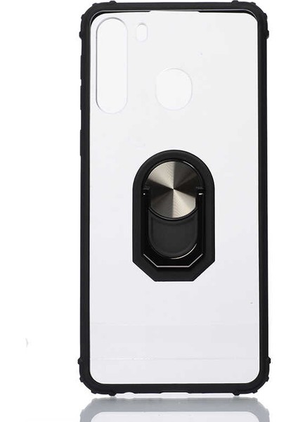 Samsung Galaxy A21 Kılıf Ultra Korumalı Yüzüklü Standlı Mola Kapak + Tam Kaplayan 6D Nano Ekran Koruyucu Siyah