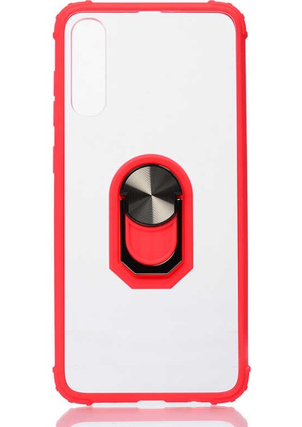 Samsung Galaxy A50 Kılıf Ultra Korumalı Yüzüklü Standlı Mola Kapak + Tam Kaplayan 5D Cam Ekran Koruyucu Kırmızı