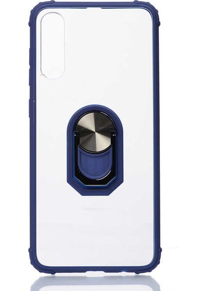 Samsung Galaxy A50 Kılıf Ultra Korumalı Yüzüklü Standlı Mola Kapak + Tam Kaplayan 5D Cam Ekran Koruyucu Lacivert