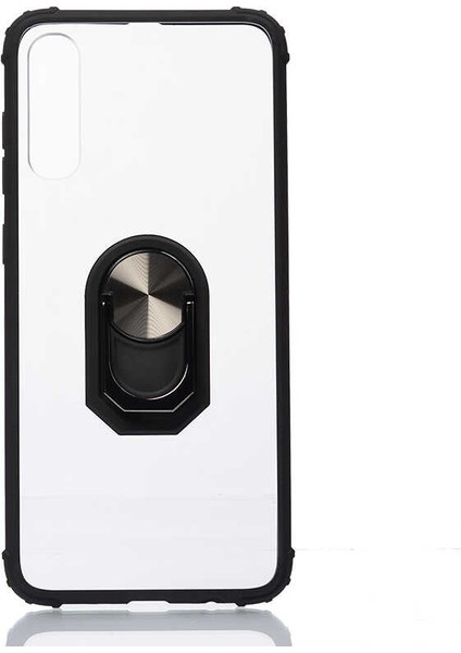 Samsung Galaxy A50 Kılıf Ultra Korumalı Yüzüklü Standlı Mola Kapak + Tam Kaplayan 6D Nano Ekran Koruyucu Siyah