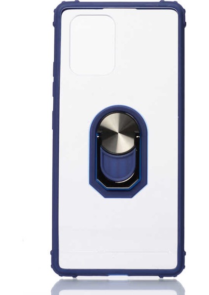 Samsung Galaxy S10 Lite (A91) Kılıf Ultra Korumalı Yüzüklü Standlı Mola Kapak + Tam Kaplayan 5D Cam Ekran Koruyucu Lacivert