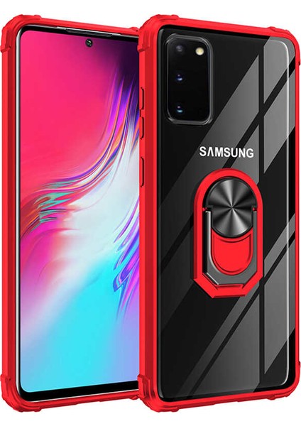 Samsung Galaxy S20 Kılıf Ultra Korumalı Yüzüklü Standlı Mola Kapak + 360 Full Body Ekran Koruyucu (Ön-Arka) Kırmızı
