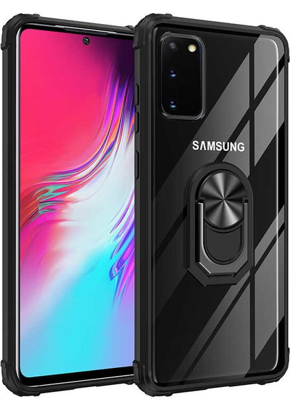 Samsung Galaxy S20 Kılıf Ultra Korumalı Yüzüklü Standlı Mola Kapak + Tam Kaplayan 3D Cam Ekran Koruyucu Siyah