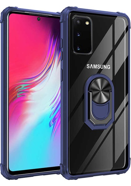 Samsung Galaxy S20 Kılıf Ultra Korumalı Yüzüklü Standlı Mola Kapak + Tam Kaplayan 3D Cam Ekran Koruyucu Lacivert