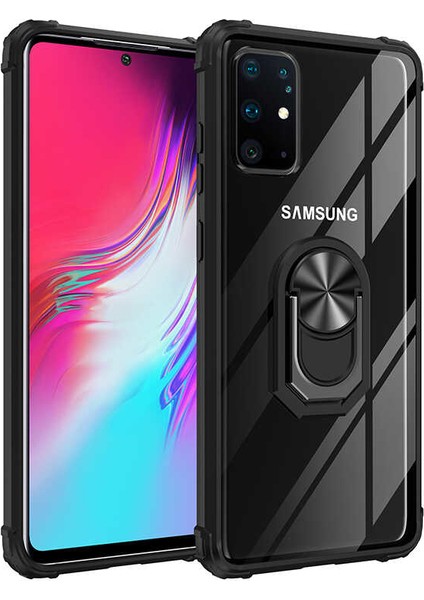 Samsung Galaxy S20 Plus Kılıf Ultra Korumalı Yüzüklü Standlı Mola Kapak + Tam Kaplayan 3D Cam Ekran Koruyucu Siyah