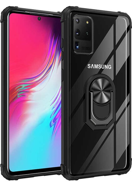 Samsung Galaxy S20 Ultra Kılıf Ultra Korumalı Yüzüklü Standlı Mola Kapak + 360 Full Body Ekran Koruyucu (Ön-Arka) Siyah
