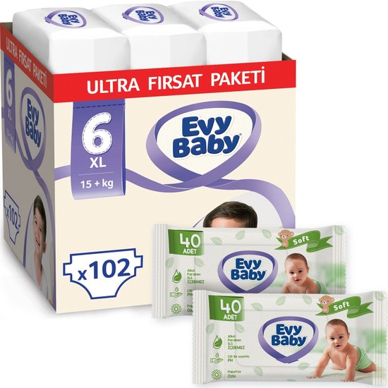 Evy Baby Bebek Bezi 6 Numara Xl 102�LI + 2 Paket Islak Havlu Fiyatı