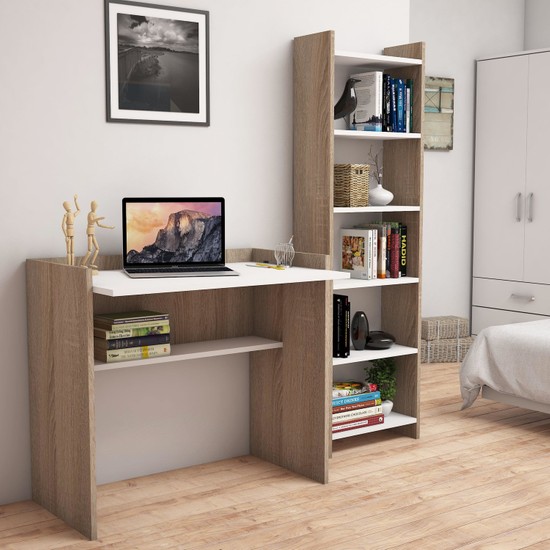Bimossa T2020 Kösem Kitaplık ve Çalışma Masası Ceviz Beyaz Fiyatı