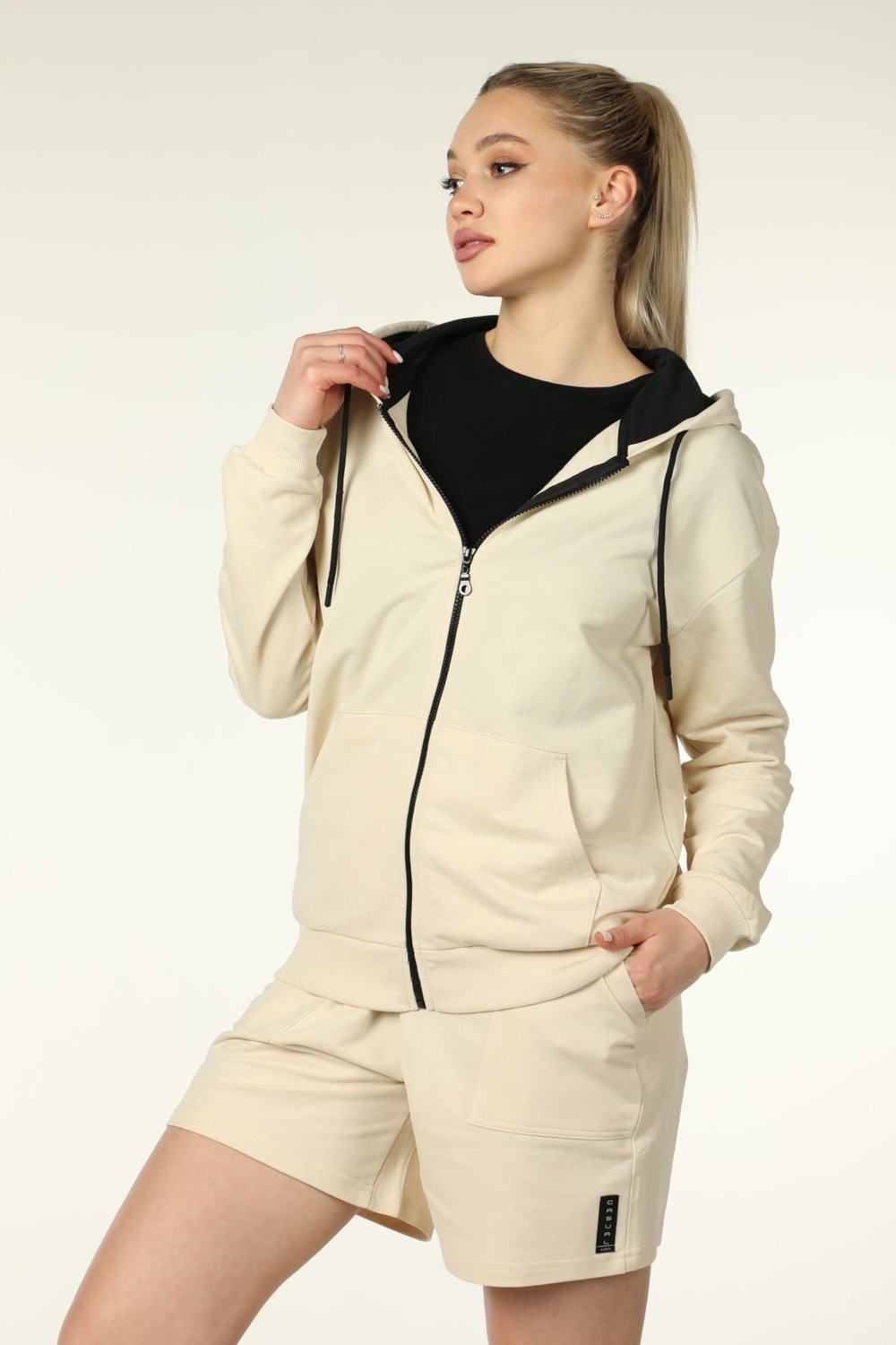 Defy's Alya Kadın %100 Pamuk 2 İplik Şardonsuz Oversize Kapüşonlu Fermuarlı Siyah Sweatshirt görsel 6