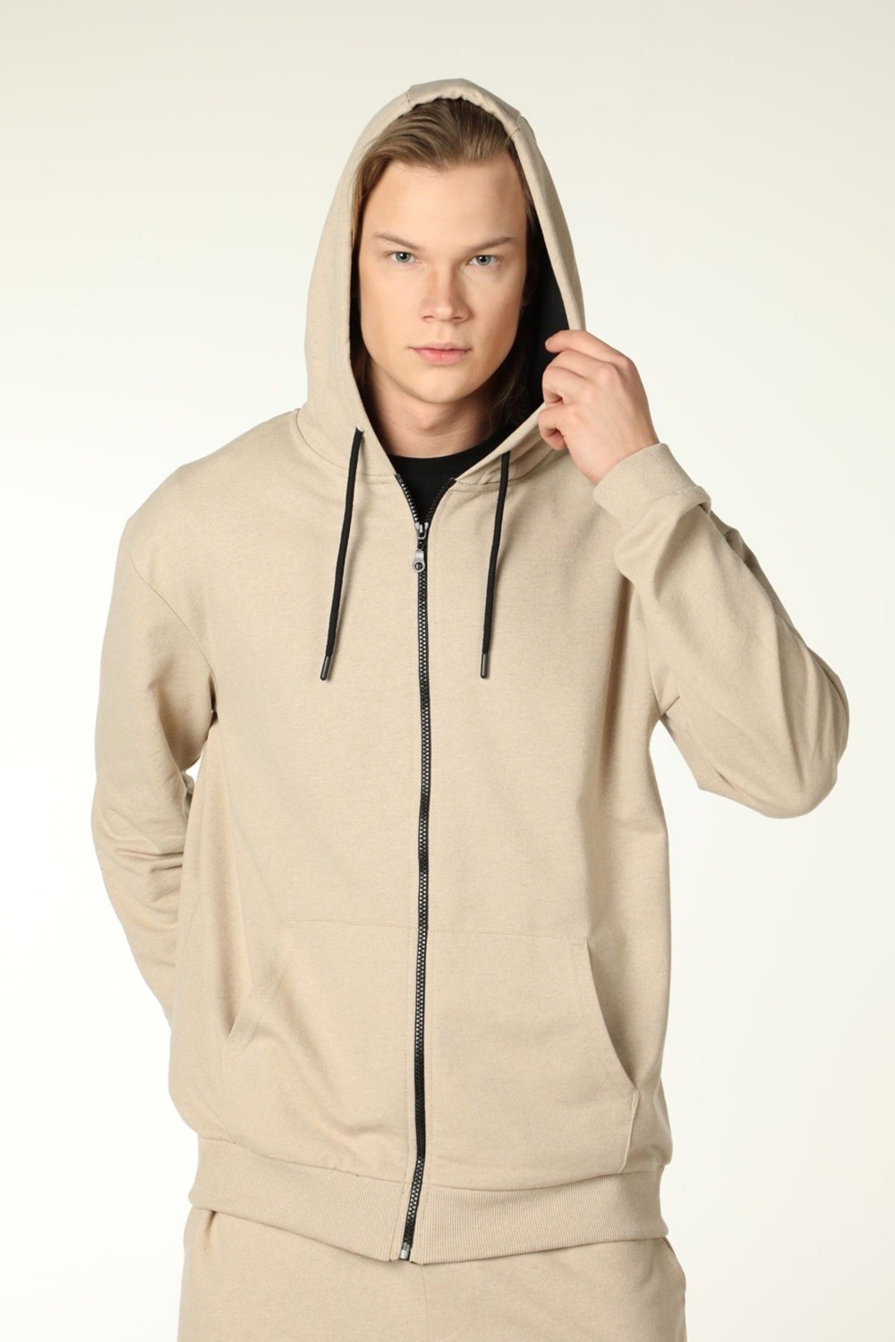 Defy's Arda Erkek %100 Pamuk 2 İplik Şardonsuz Oversize Kapüşonlu Fermuarlı Siyah Sweatshirt