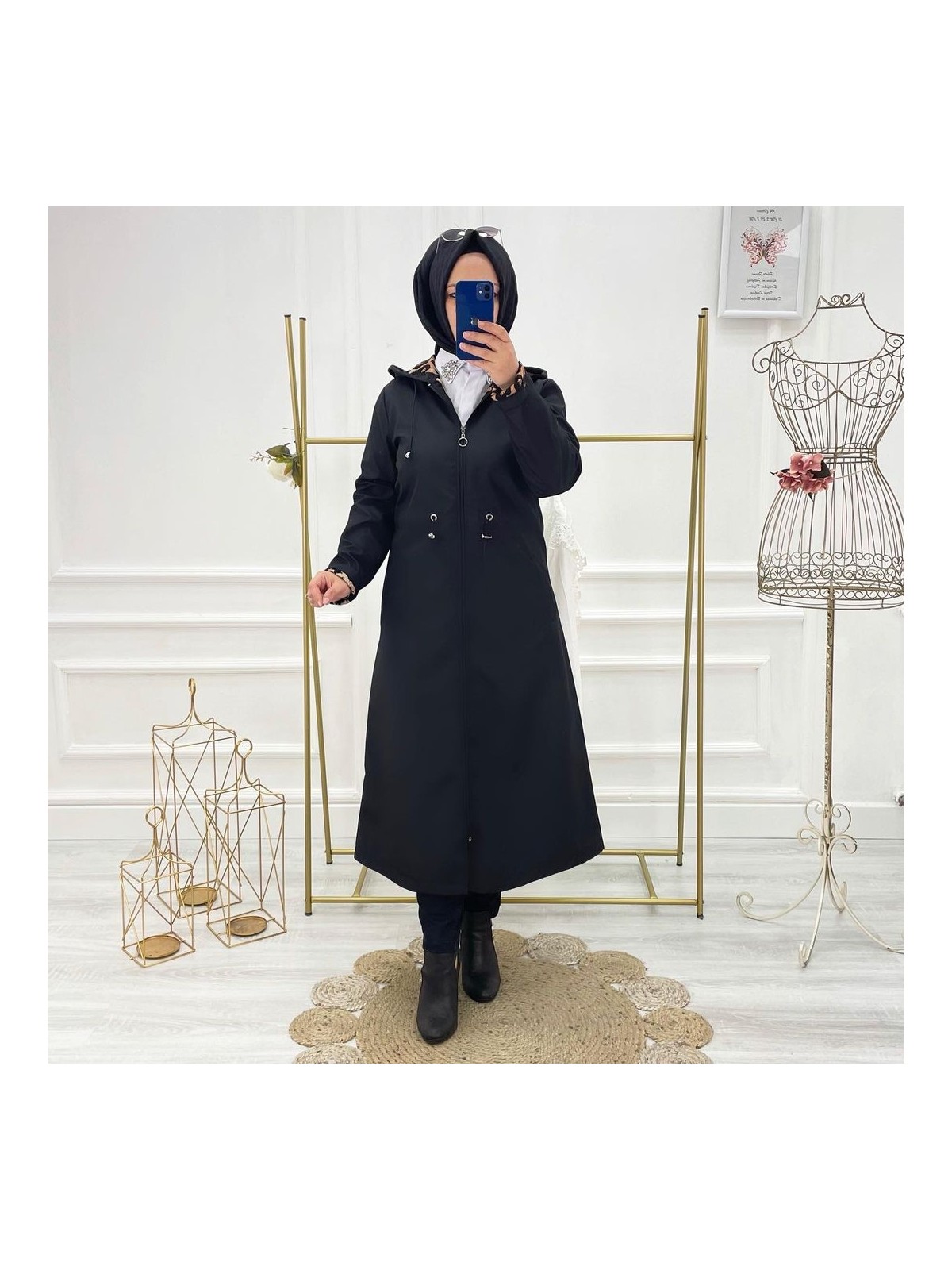 Vibeys Collection Siyah Içi Leopar Desenli ve Kendinden Astarlı Su Geçirmez Kadın Trençkot