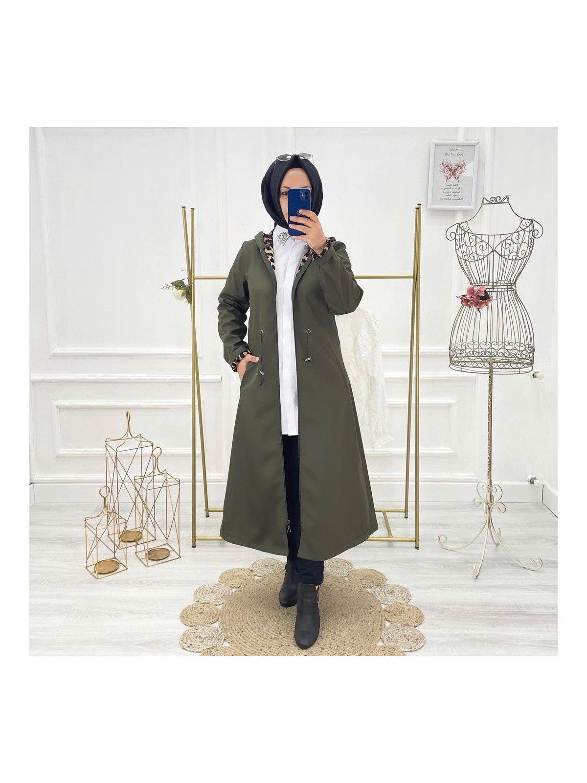 Vibeys Collection Haki Içi Leopar Desenli ve Kendinden Astarlı Su Geçirmez Kadın Trençkot