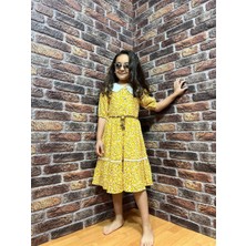 Cillop Butik Kız Çocuk Çiçek Desenli  Bebe Yaka Kemerli Elbise